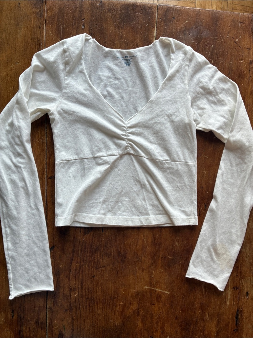 Brandy Melville White Ruched V-Neck Long Sleeve Top | Made in Italy | One Size